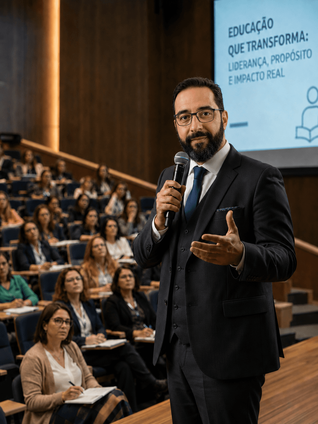 Dom Antônio Carlos palestrando em auditório para profissionais.